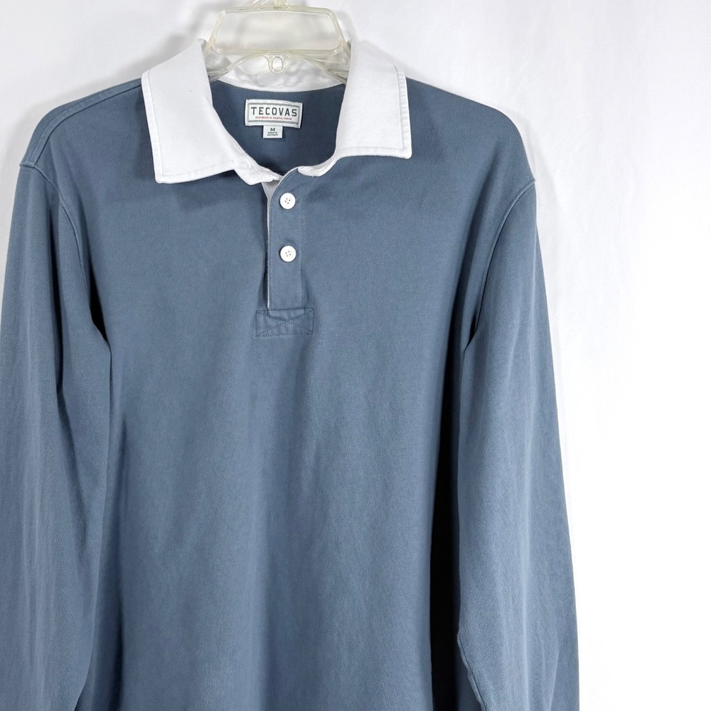 Tecovas Rugby Shirt Blue Long Sleeve White Collar Mens Medium Cotton Jersey
